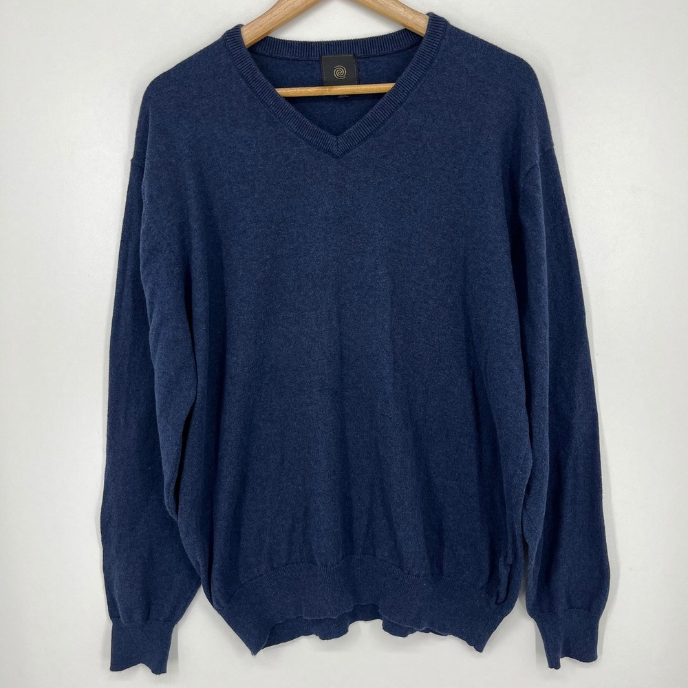 FX Fusion Mens Navy Blue V-Neck Cotton Cashmere Blend Sweater Large